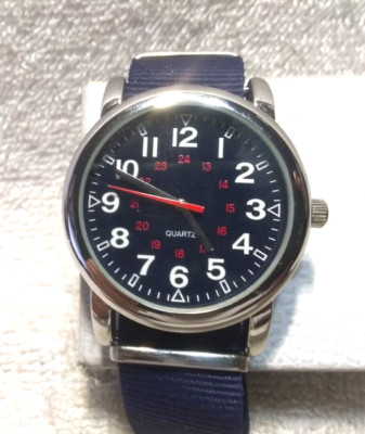 Easy Reader 12/24 Hour Numbers Black Dial Blue band Quartz Watch New Bat Great