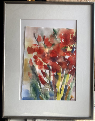 Watercolor around 1960 Iris Sword Lily Red Flower Blooms Modern Still Life