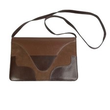 Brown Faux Leather Suede Patchwork Geometric Front Shoulder Purse 1980s 1990s