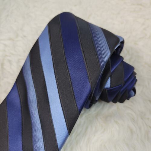 J. Ferrar Striped Necktie Men's Navy Baby Blue Black Print Sharp Tie Polyester - Picture 3 of 8