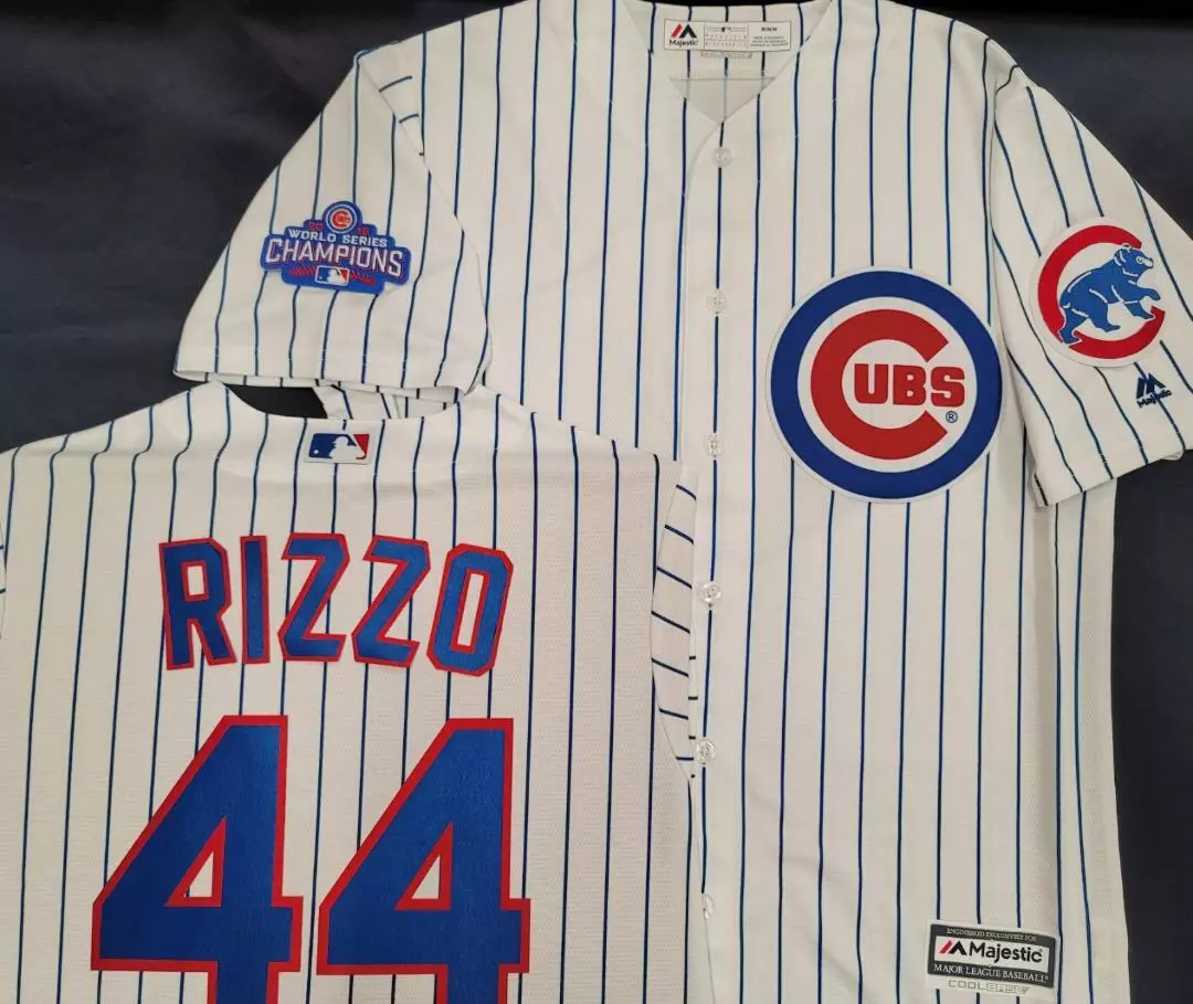Men's Chicago Cubs #44 Anthony Rizzo White World Series Champions Gold Stitched MLB Majestic 2017 Cool Base Jersey on sale,for Cheap,wholesale from China