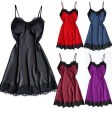 Women Sexy Babydoll Satin Lace Sleepwear Nighties Strap Cami Chemise Dress