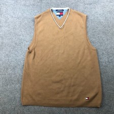 Vintage Tommy Hilfiger Sweater Men Large Brown Flag Logo Vest Cotton Knit 
