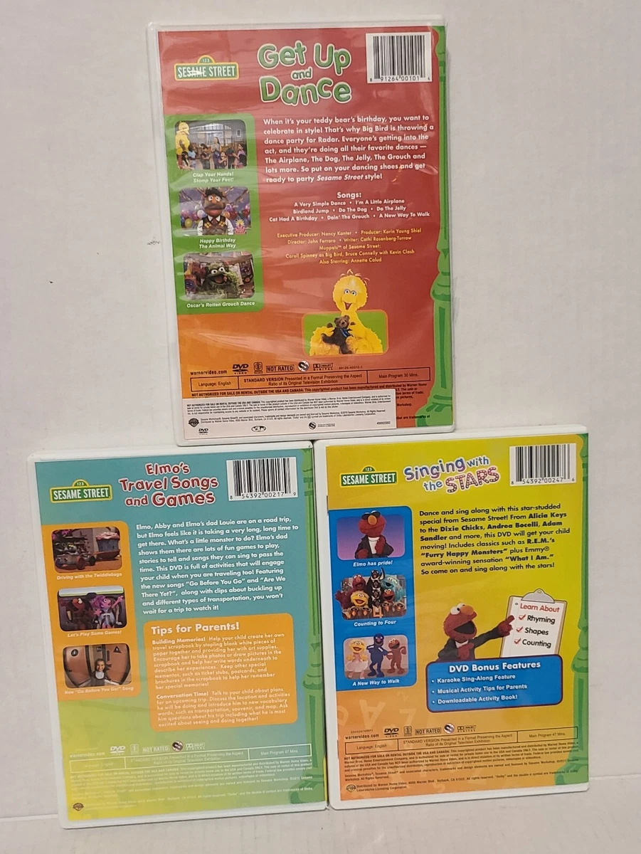 3 Sesame Street DVDs Get Up & Dance, Singing w/ the Stars, Elmo Travel Songs