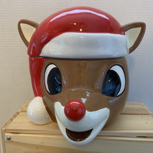 NEW Zrike Holiday Rudolph The Red Nose Reindeer Cookie Jar Canister Santa Hat