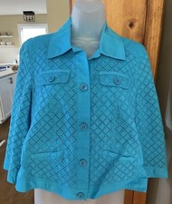 Chicos Eyelet Lightweight Short Cotton Spring Jacket Teal Blue Pockets Small