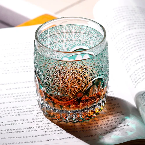 Edo Kiriko Crystal Whiskey Glasses Hand Cut To Clear Green 9oz Gift Packing - Picture 4 of 12