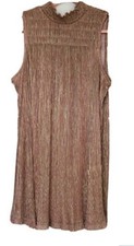 Nine West Dress Smocked Yoke Sleeveless Shift Pink Gold Metallic Cocktail Large 