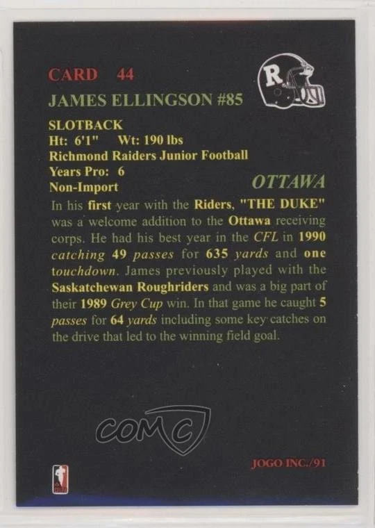1991 Jogo CFL James Ellingson #44 - Image 2 of 2