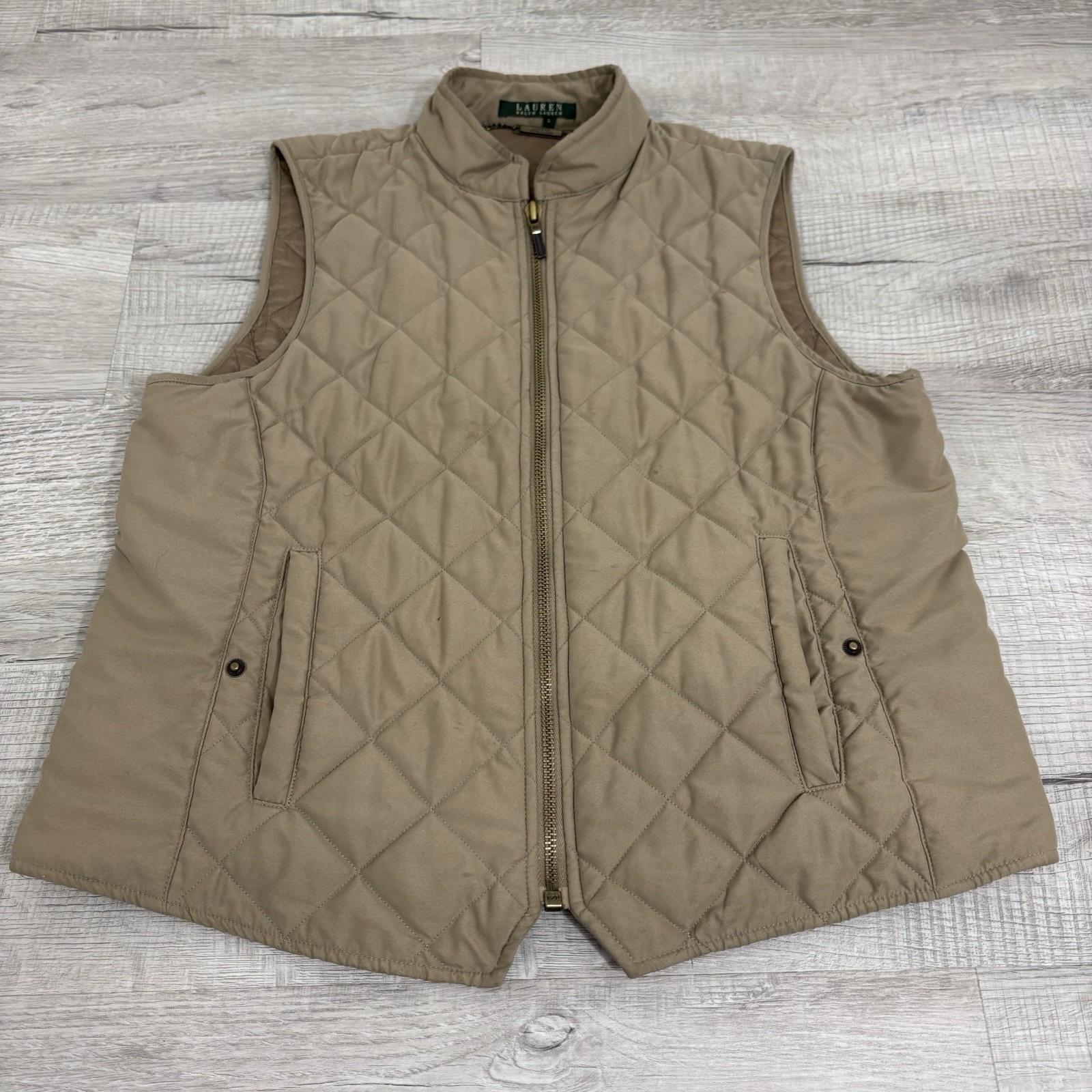 Lauren Ralph Lauren Solid Brown Quilt Lined Zip Up Vest Lightweight Womens Large