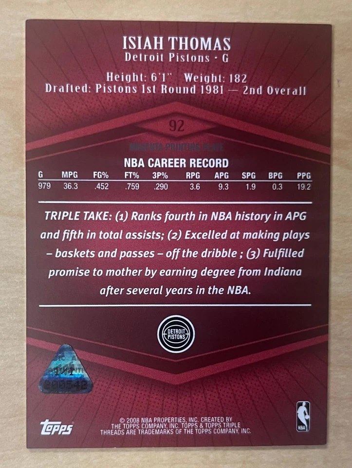 2008-09 Topps Triple Threads #11 Isiah Thomas 1/1 placa de impresión magenta pistones Foto 2 de 2