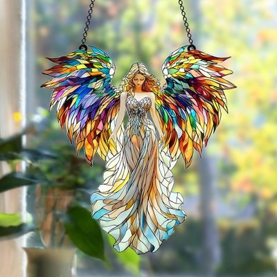 Colorful Angel Acrylic Suncatcher   Rainbow Winged Guardian Window Hanging Decor