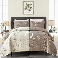 3 Pieces Floral Quilt Set Queen Size Tan Branch Pattern Quilt, Cream White
