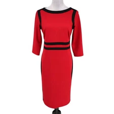 Shelby & Palmer Dress Womens 6 Red Black Trim Zip Sheath Stretch Knit Career