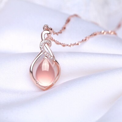 Pink Natural Jade Water drop Pendant Necklace Rose Gold Plated Real Jewelry 