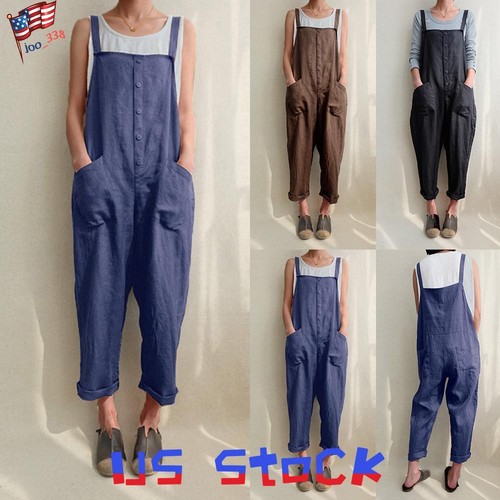 Women's Strappy Cotton Linen Overalls Bib Pants Casual Loose Jumpsuit Rompers