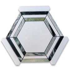 T35BXP Thassos White Marble Hexagon Georama Mosaic Tile Sagano Vibrant Green
