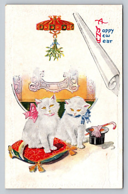 Early 1900s Antique New Year Postcard Two Golden Eyed Aristrocratic Persian Cats