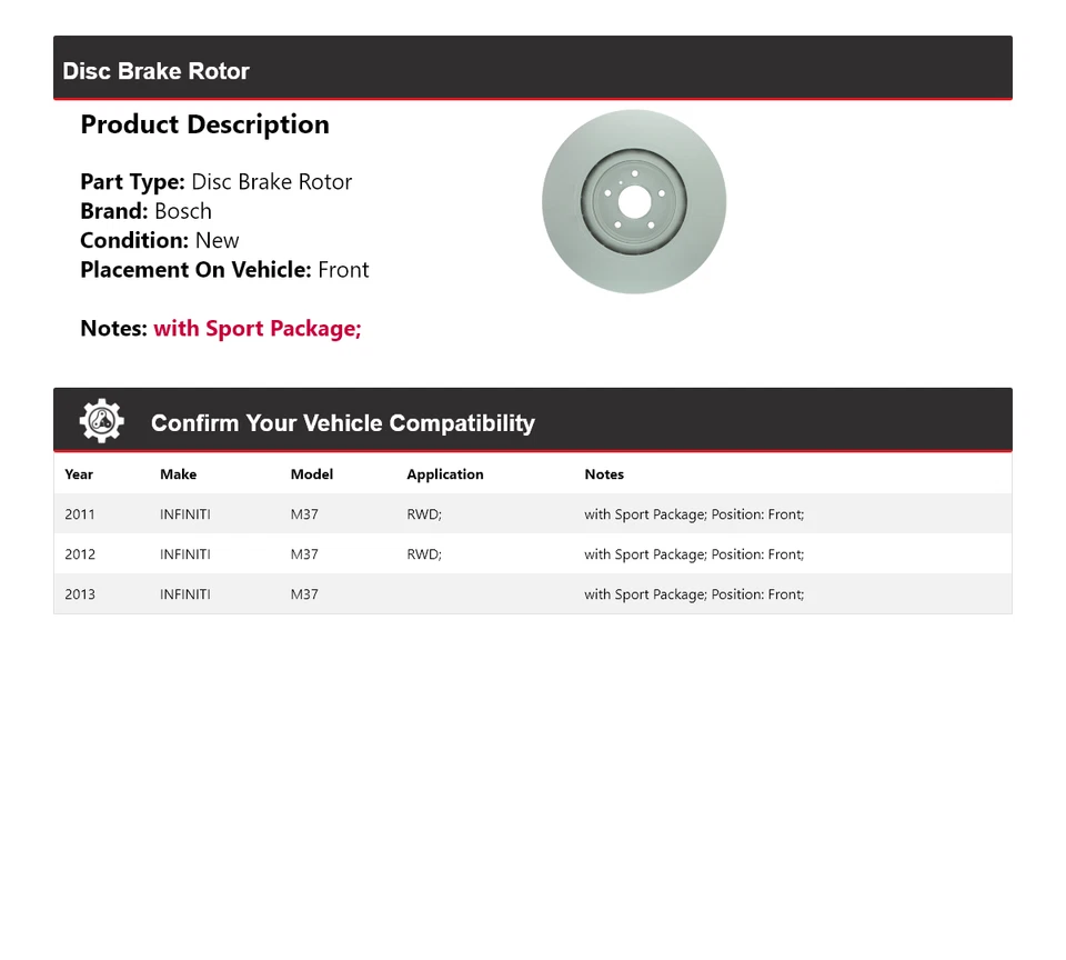 Rotor de freno de disco delantero para Infiniti M37 Bosch QuietCast 2011-2013 2012 Foto 2 de 4