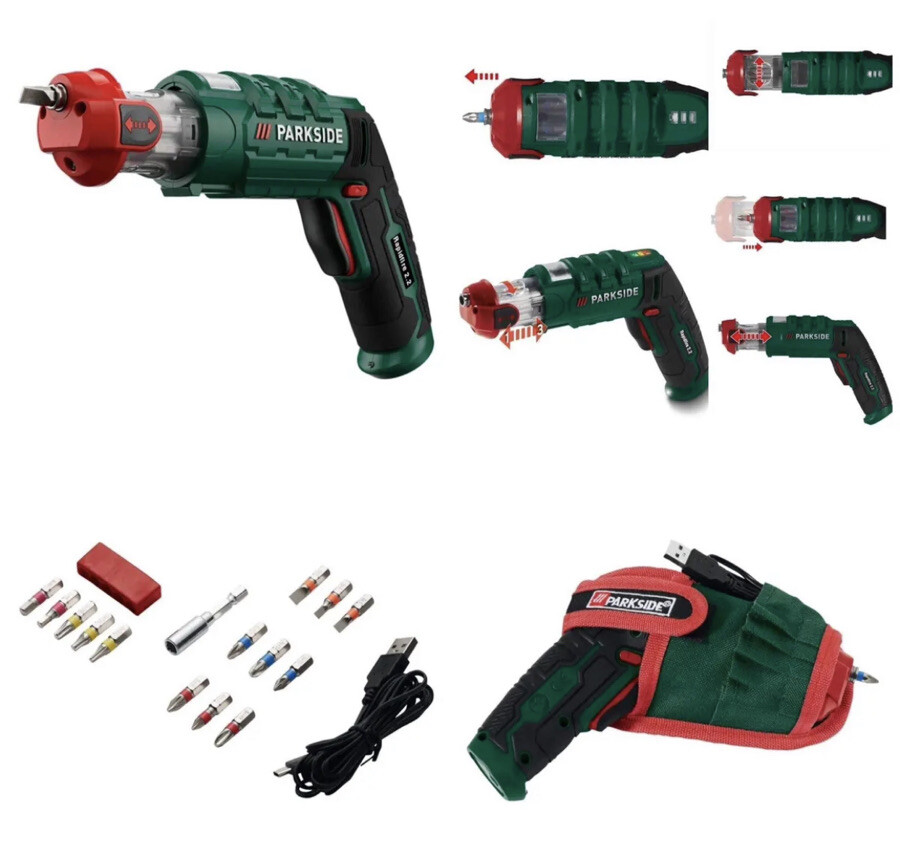 Parkside 4V Cordless Screwdriver With Integrated Bit Storage LED  