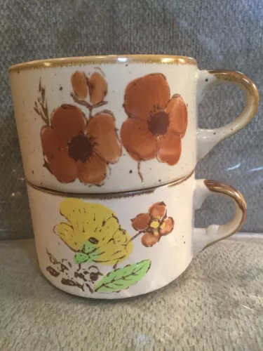 Vtg SET/2 Otagiri SOUP MUG Hand Painted 16oz Speckled FLOWERS STONEWARE Japan