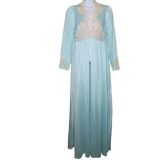 Vintage 60s Full Length Sweeping Dressing Gown Robe Blue Beige Lace Trim Medium