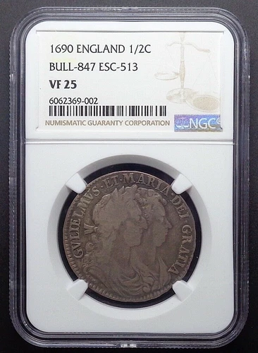 1690 England - AR 1/2 Crown of William & Mary, NGC VF-25.