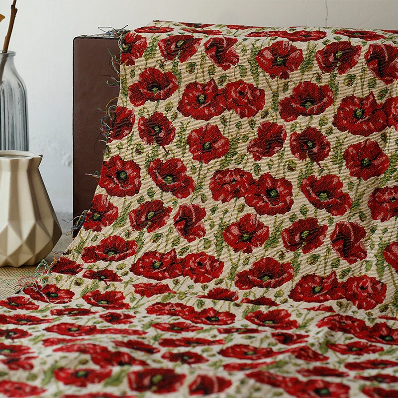Vintage French Poppy Jacquard Tapestry Upholstery Decorator Fabric for Sewing