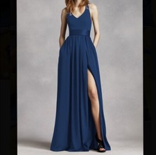 White by Vera Wang V Neck Halter Gown / Bridesmaids Dress - Marine - Size 10