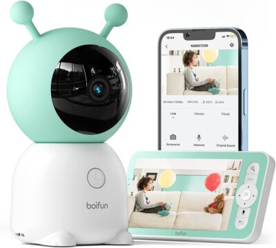BOIFUN 2K 5'' Video Baby Monitor WiFi, 360 View Baby Camera,Auto Tracking,Battery