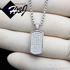 MEN 925 STERLING SILVER ICY BLING CZ DOG TAG PENDANT*SP56 WITH FREE 24"CHAIN