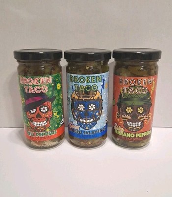 (3) Broken Taco Sweet Herbed Jalepenos, Roasted Bell & Spicy Serrano Peppers