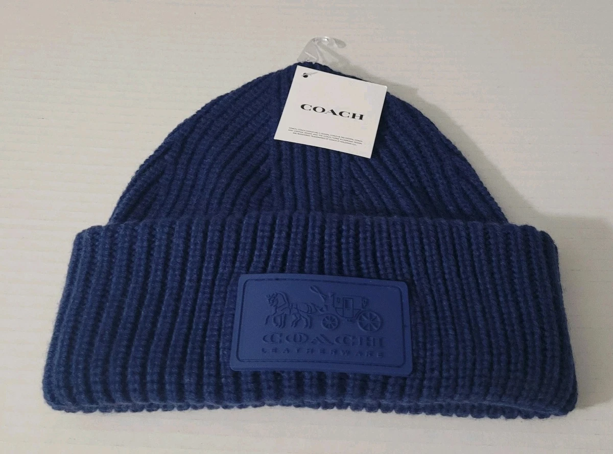 Coach Navy Blue patch beanie features a rib-knit design and a tonal rubber logo Coach Blue Hats for Men for sale | eBay main image 3
