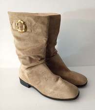NEW WOMEN'S SIZE 10 TAN BEIGE SUEDE SLIP ON CALF BOOTS WITH BUCKLE DETAIL
