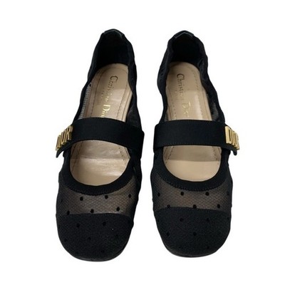 Christian Dior BABY-D Flat Shoes Black Mesh Gold Logo with Dust