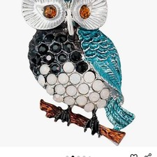 Rhinestone Owl Brooch Pin Badge Blue Black White