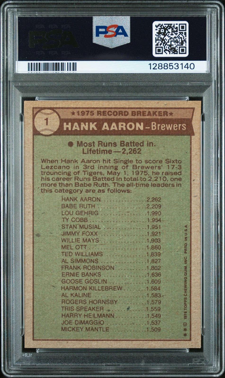 1976 TOPPS #1 HANK AARON PSA 6 view 2