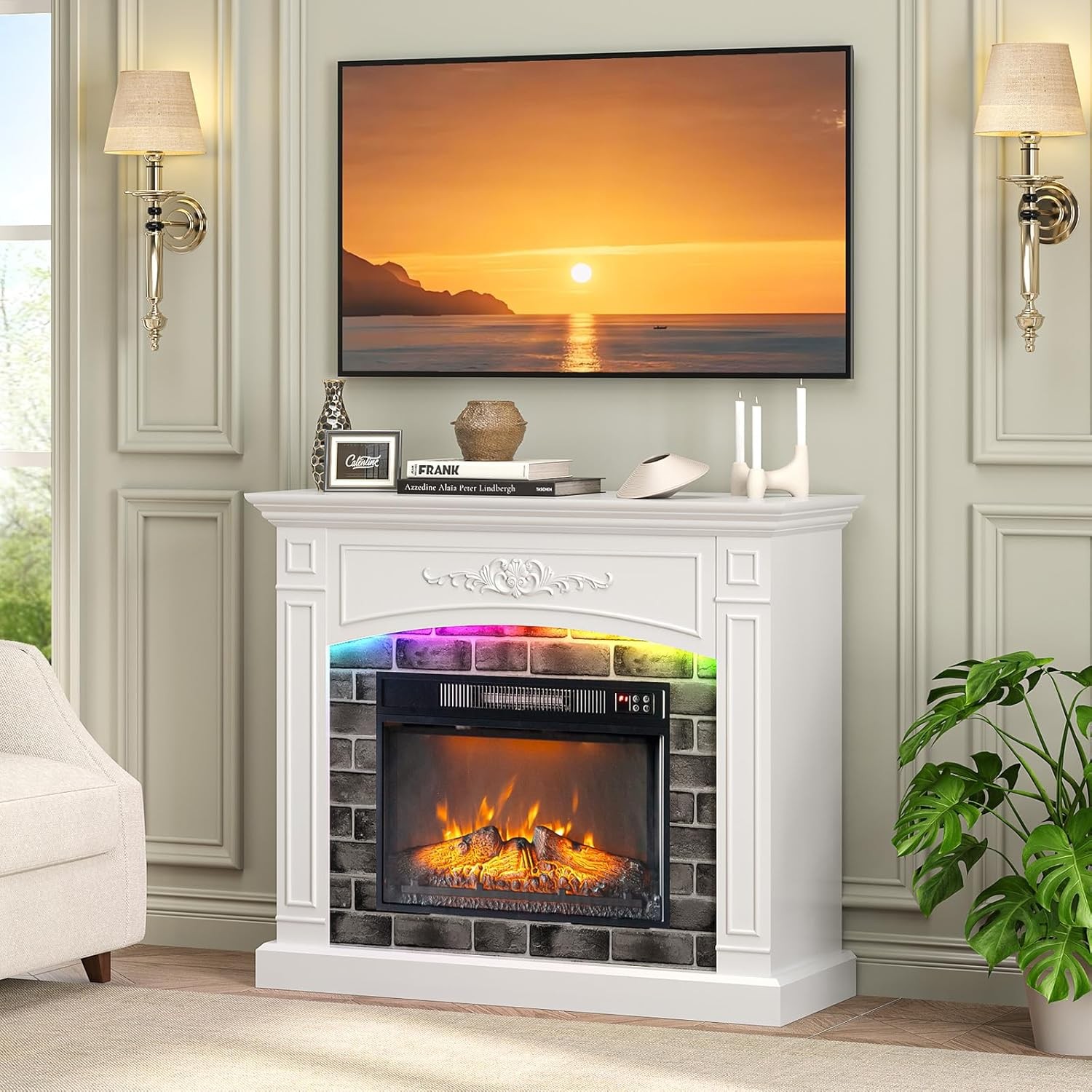 With Mantel Electric Fireplace Entertainment Center Adjustab