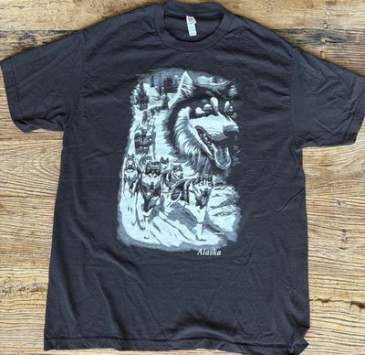 Alaska husky/wolf dog Iditarod sledding pulling graphic tshirt size L black
