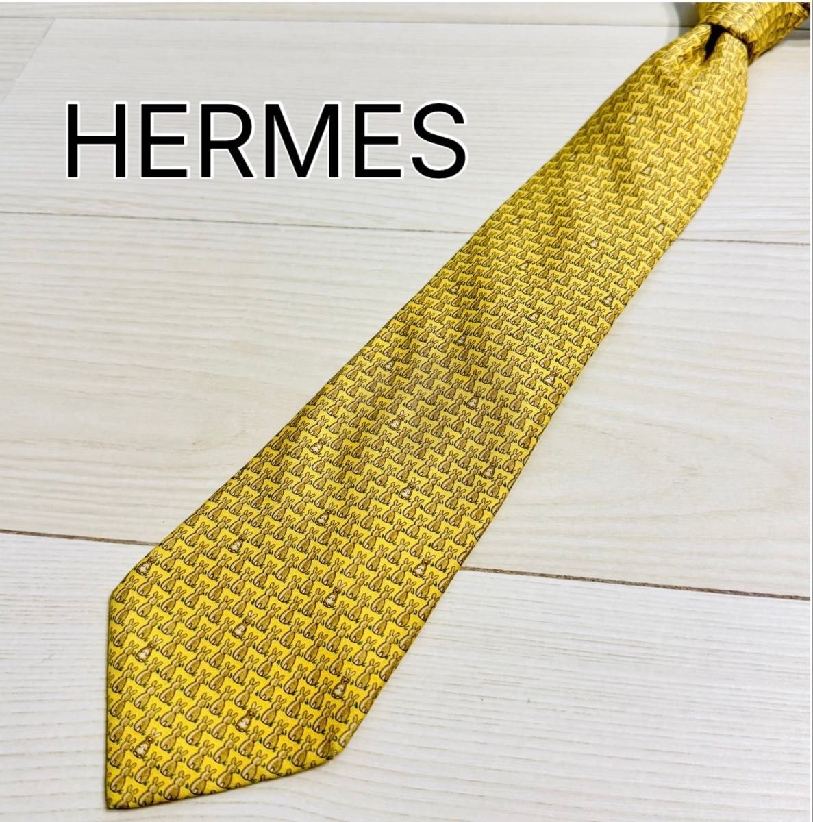 HERMES Tie 100 Silk Yellow Rabbit Pattern Business
