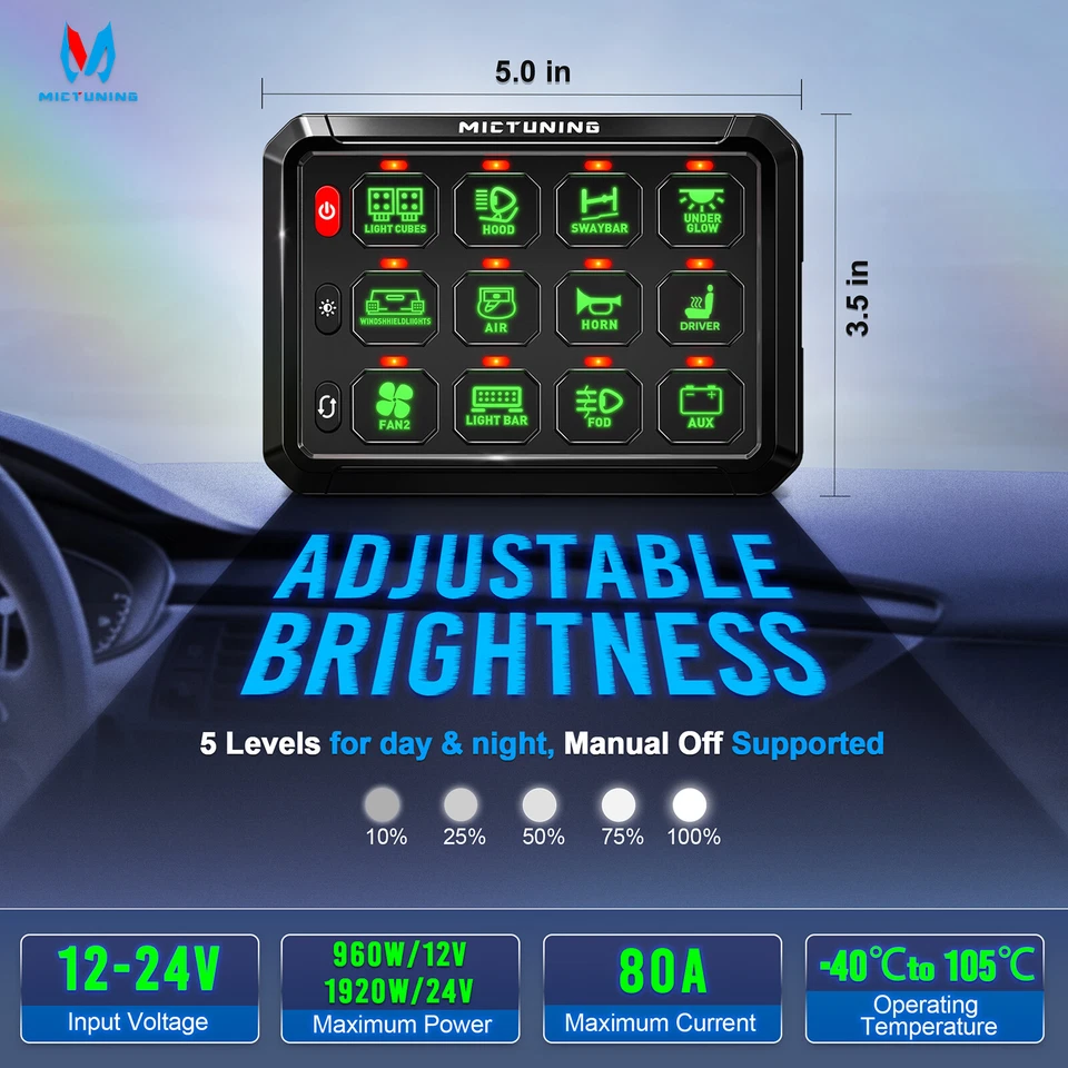 Panel de interruptores MICTUNING 12 velocidades barra de luz LED caja de control de circuito para camión barco Foto 4 de 4