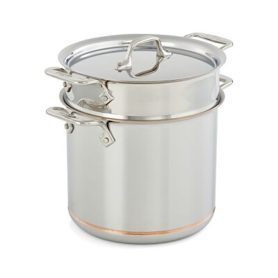 All-Clad d5 Brushed Stainless Steel 7 qt. Covered Pasta Pentola with Colander In