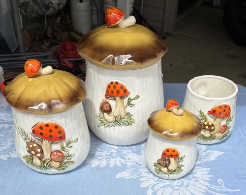 Vintage Merry Mushroom 4 Piece Canister Set, Made In Japan, 1 Lid Missing