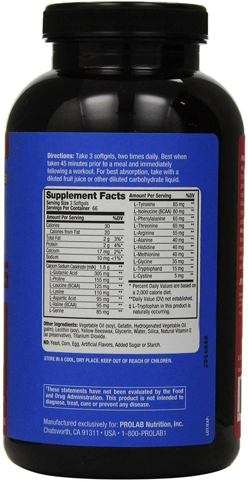 Prolab AMINO Gel-Caps | Crecimiento, recuperación, fuerza, construcción muscular | 200 cápsulas blandas Foto 2 de 3