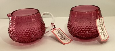 Handblown pilgrim Glass cranberry glass creamer & sugar cottage core 2 Pc Set