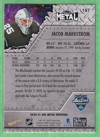 2020-21 Skybox Metal Universe All-Stars #187 Jacob Markstrom Vancouver Canucks - Image 2 of 2