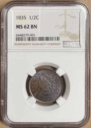 1835 NGC MS62 BN Classic Head Half Cent 1/2c