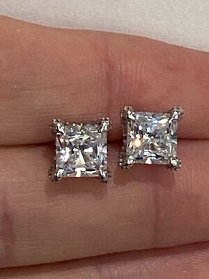Designer 3 CT Princess CZ Stud Earrings Pave Accenting in Gallery 925 Silver