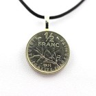 Pendentif Pièce de Monnaie Authentique France demi franc Semeuse + cordon noir