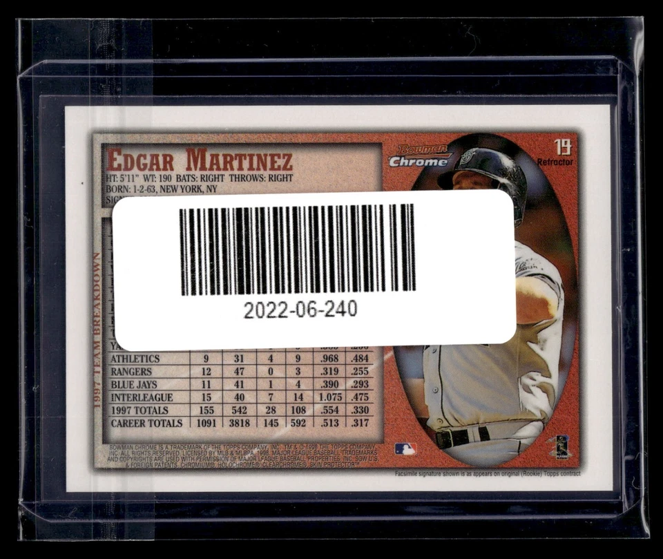 1998 Bowman Chrome Refractor #19 Edgar Martinez Mariners HOF - Image 2 of 2